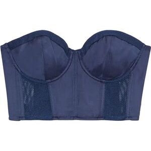 NWT Fleur Du Mal Navy Blue/Denim Color Mesh-Paneled Satin-Twill Bustier Top